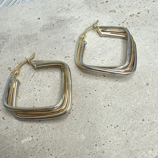 9ct Yellow & White Gold Diamond-Shaped Hoop Earrings