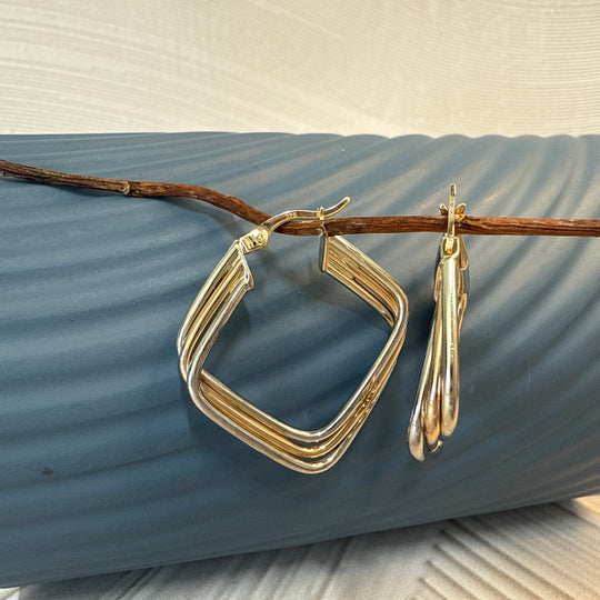 9ct Yellow & White Gold Diamond-Shaped Hoop Earrings