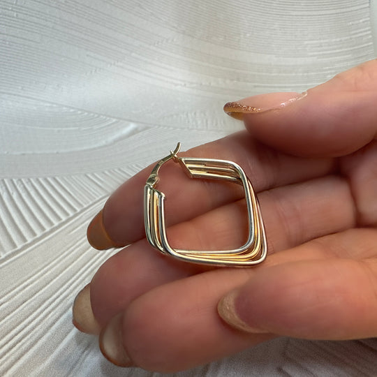 9ct Yellow & White Gold Diamond-Shaped Hoop Earrings