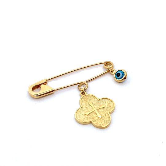 9ct Yellow Gold Baby Pin with Orthodox Cross & Evil Eye Charms