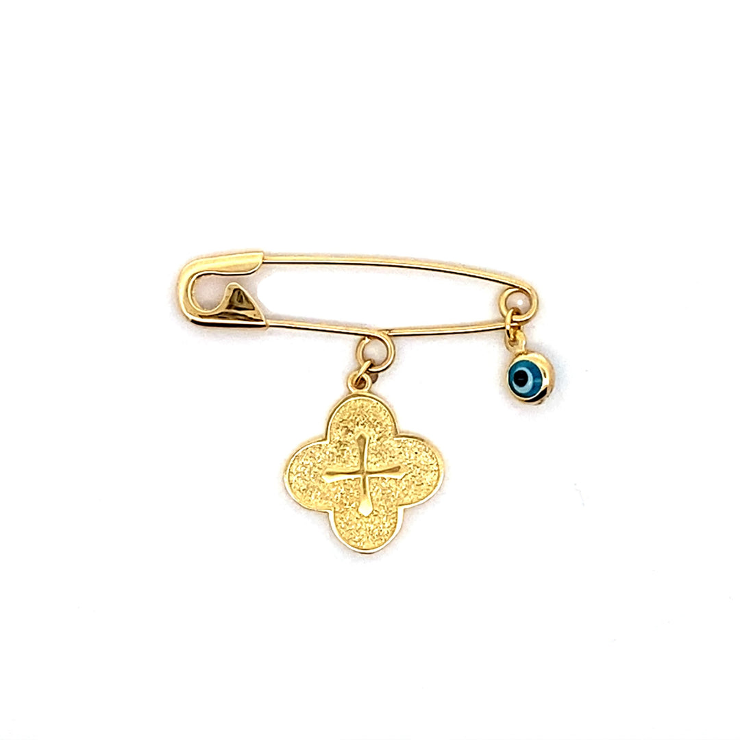 9ct Yellow Gold Baby Pin with Orthodox Cross & Evil Eye Charms