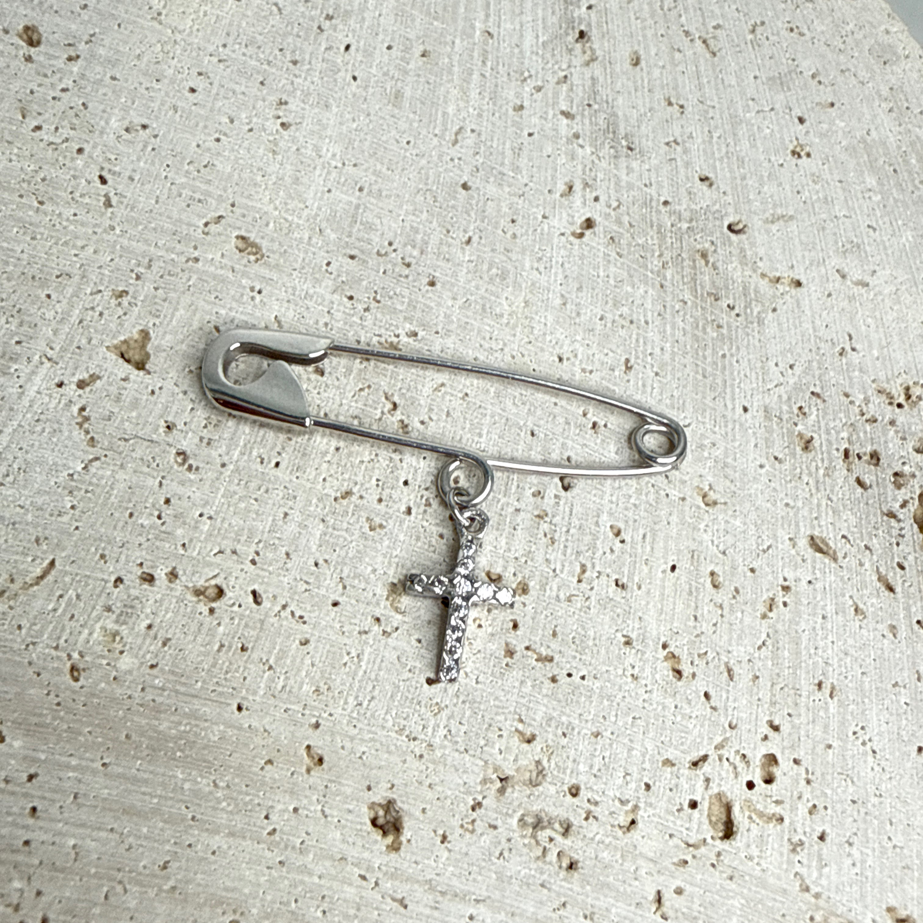 9ct White Gold Baby Pin with Cubic Zirconia Cross