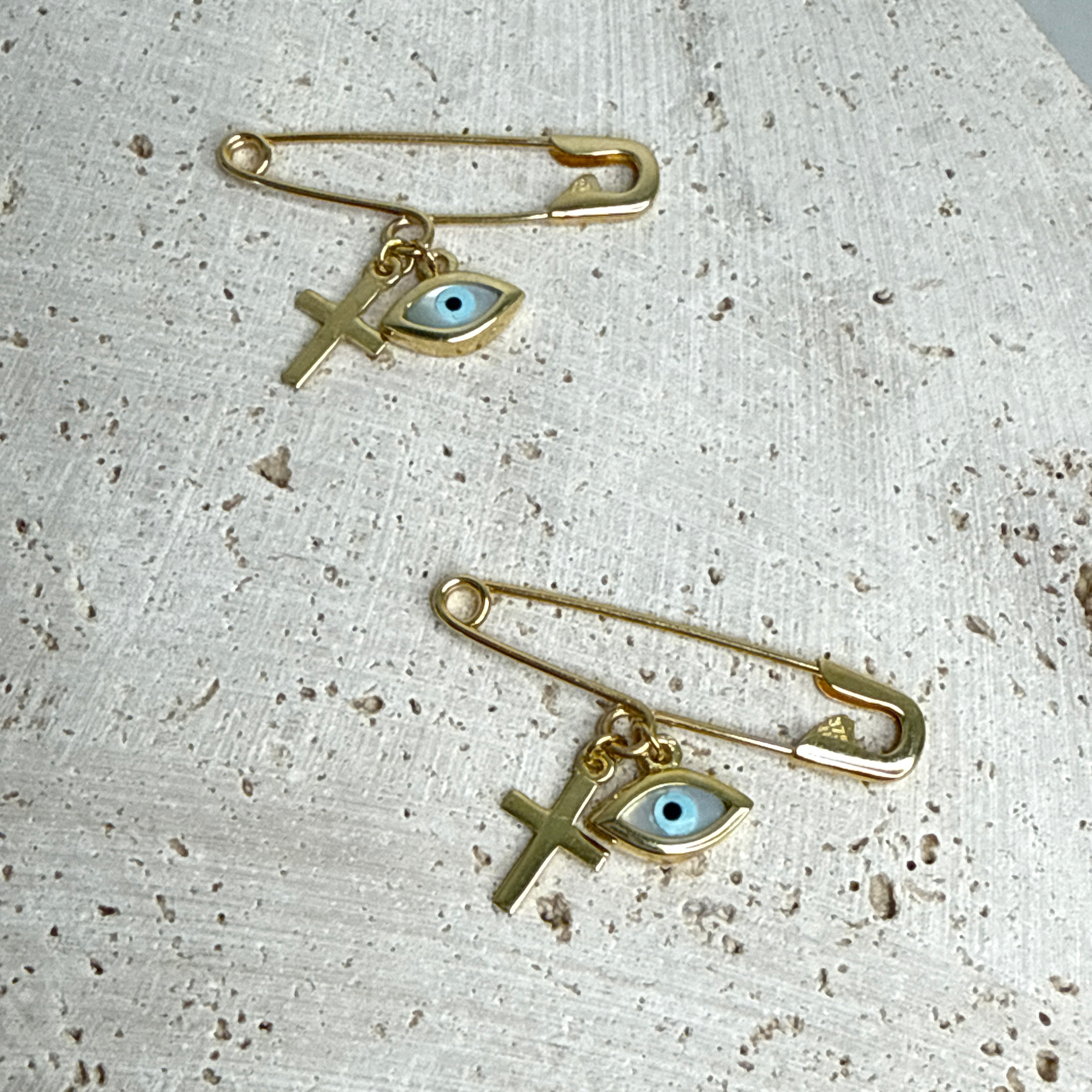 9ct Yellow Gold Baby Pin with Cross & Mother of Pearl Evil Eye