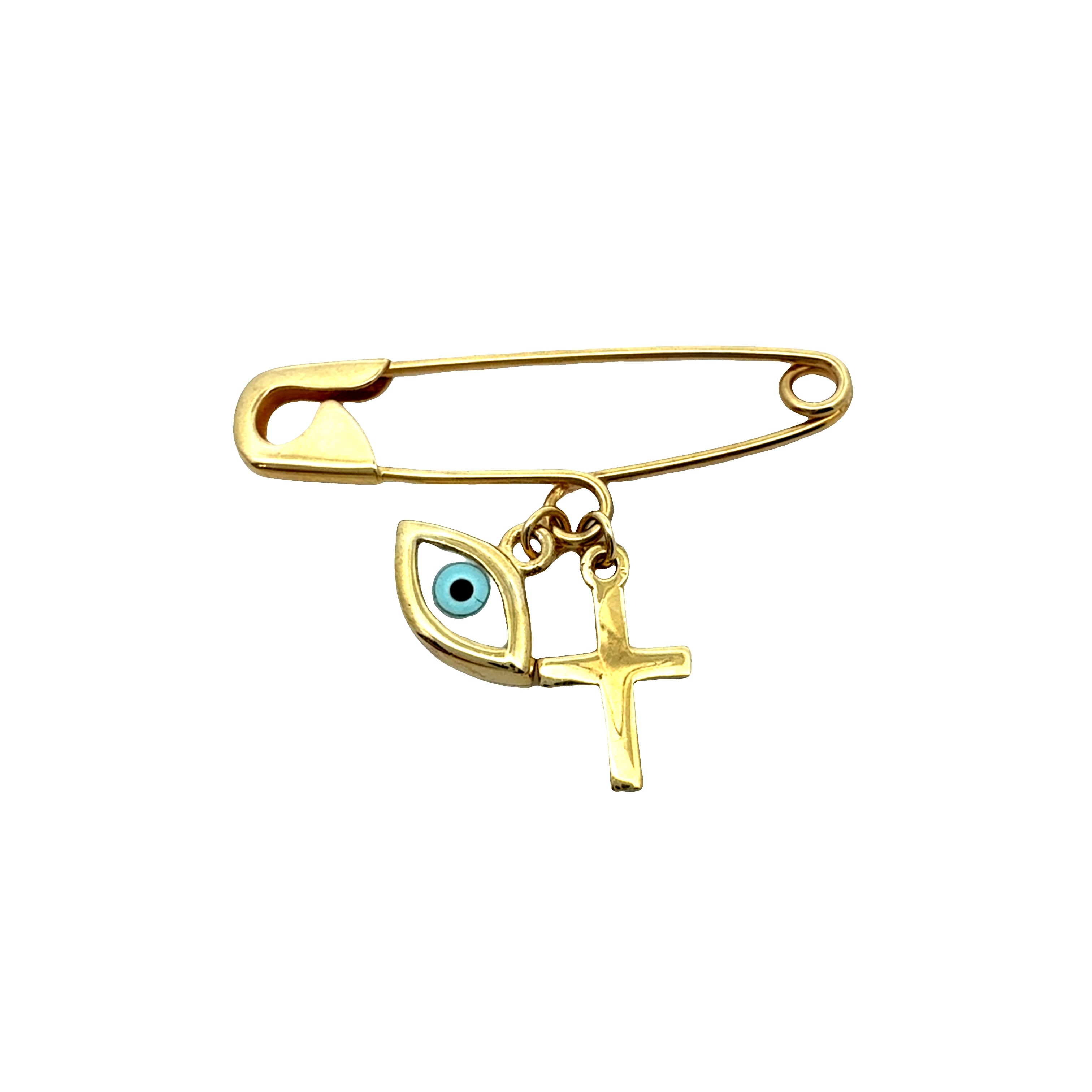 9ct Yellow Gold Baby Pin with Cross & Mother of Pearl Evil Eye