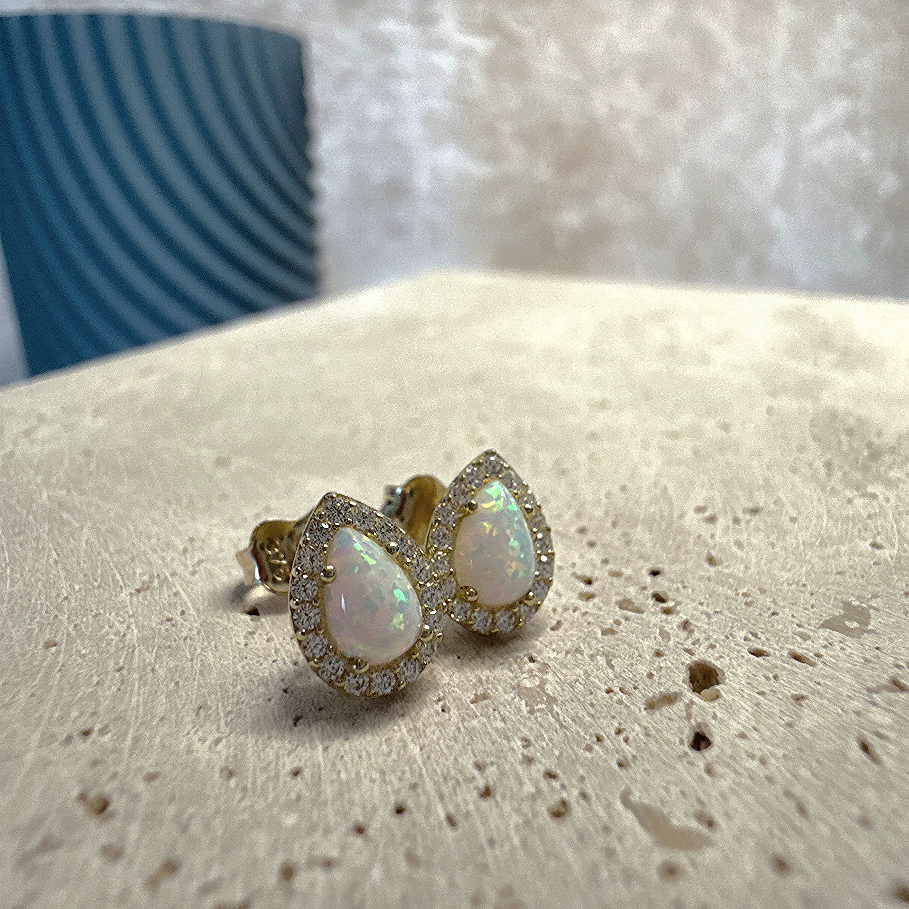 9ct Yellow Gold Teardrop Opal & Cubic Zirconia Stud Earrings