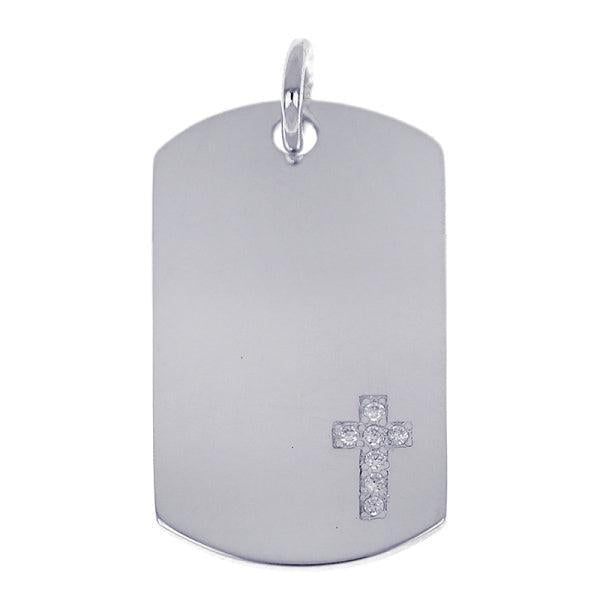 Sterling Silver Dog Tag with Cubic Zirconia Cross