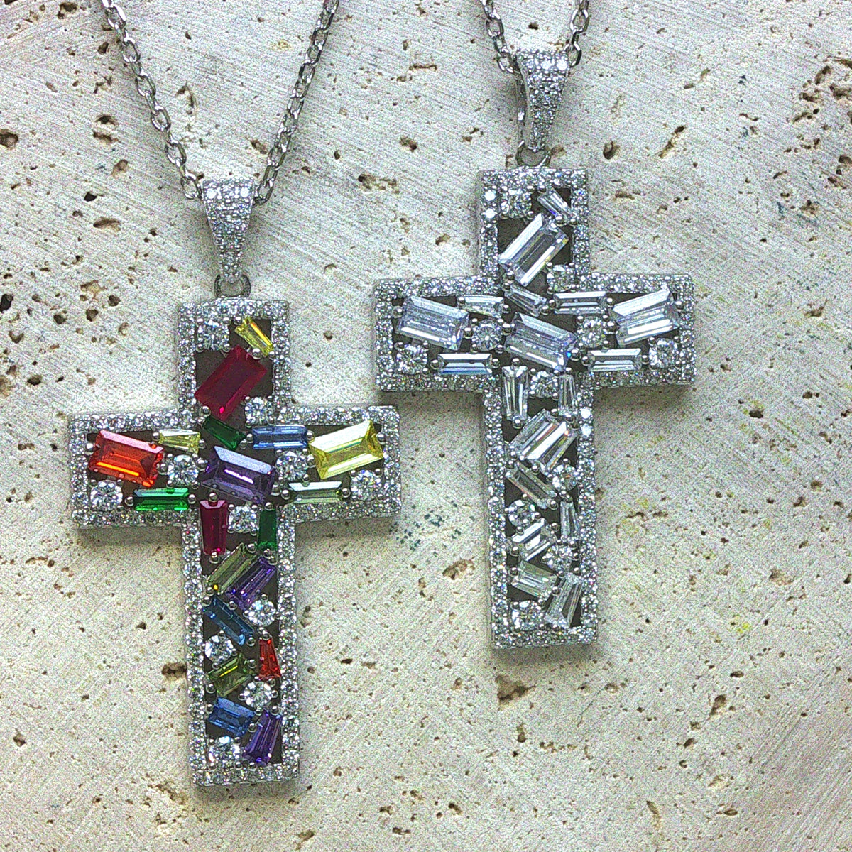 Sterling Silver Cubic Zirconia Cross Necklace – Clear or Multi-Coloured Variation
