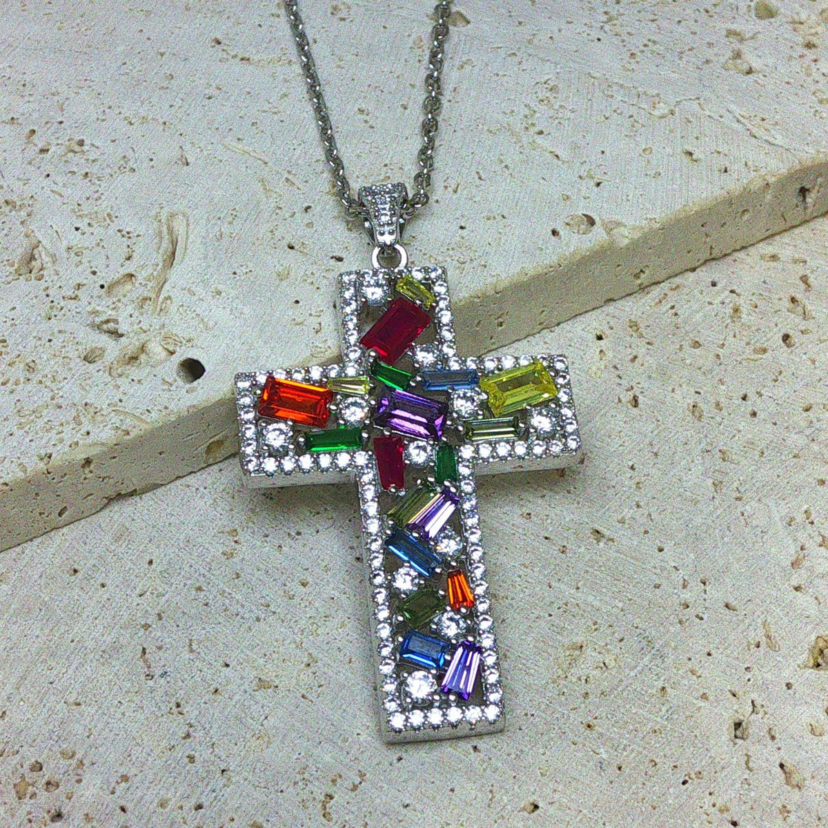 Sterling Silver Cubic Zirconia Cross Necklace – Clear or Multi-Coloured Variation