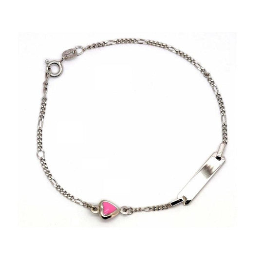 Sterling Silver Identity Bracelet with Pink Enamel Heart