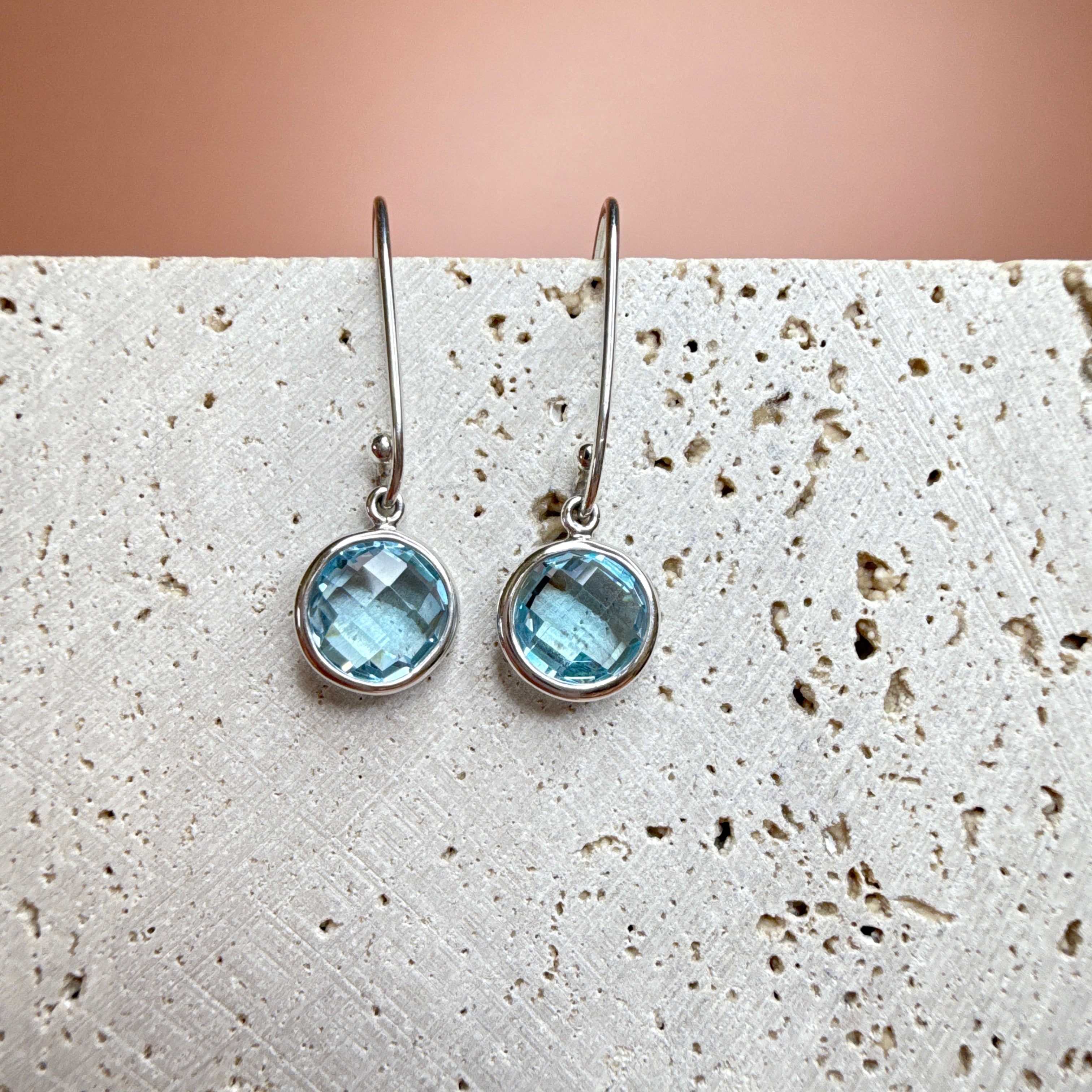 Sterling Silver Round Blue Topaz Bezel-Set Drop Earrings