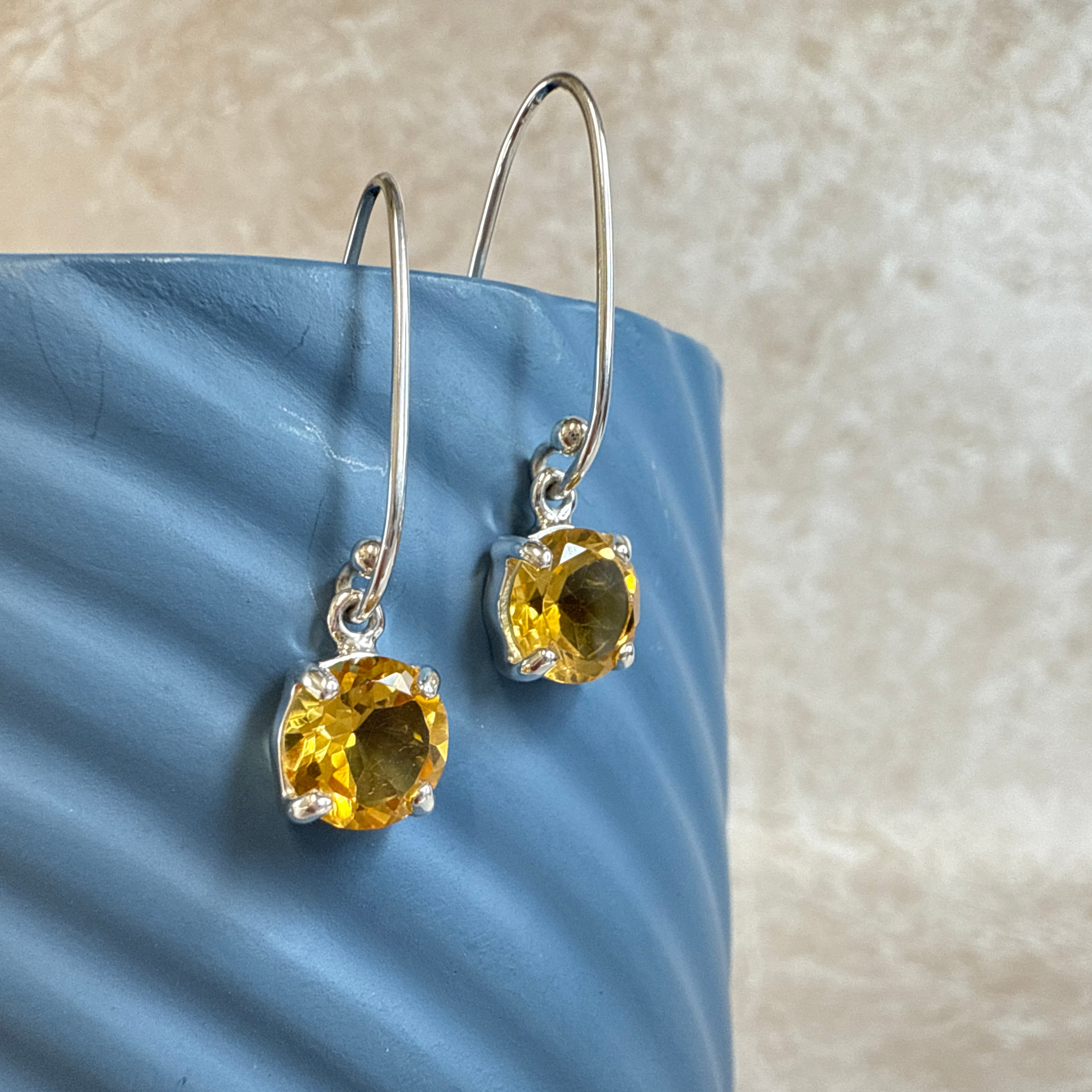 Sterling Silver Round Round Citrine Drop Earrings