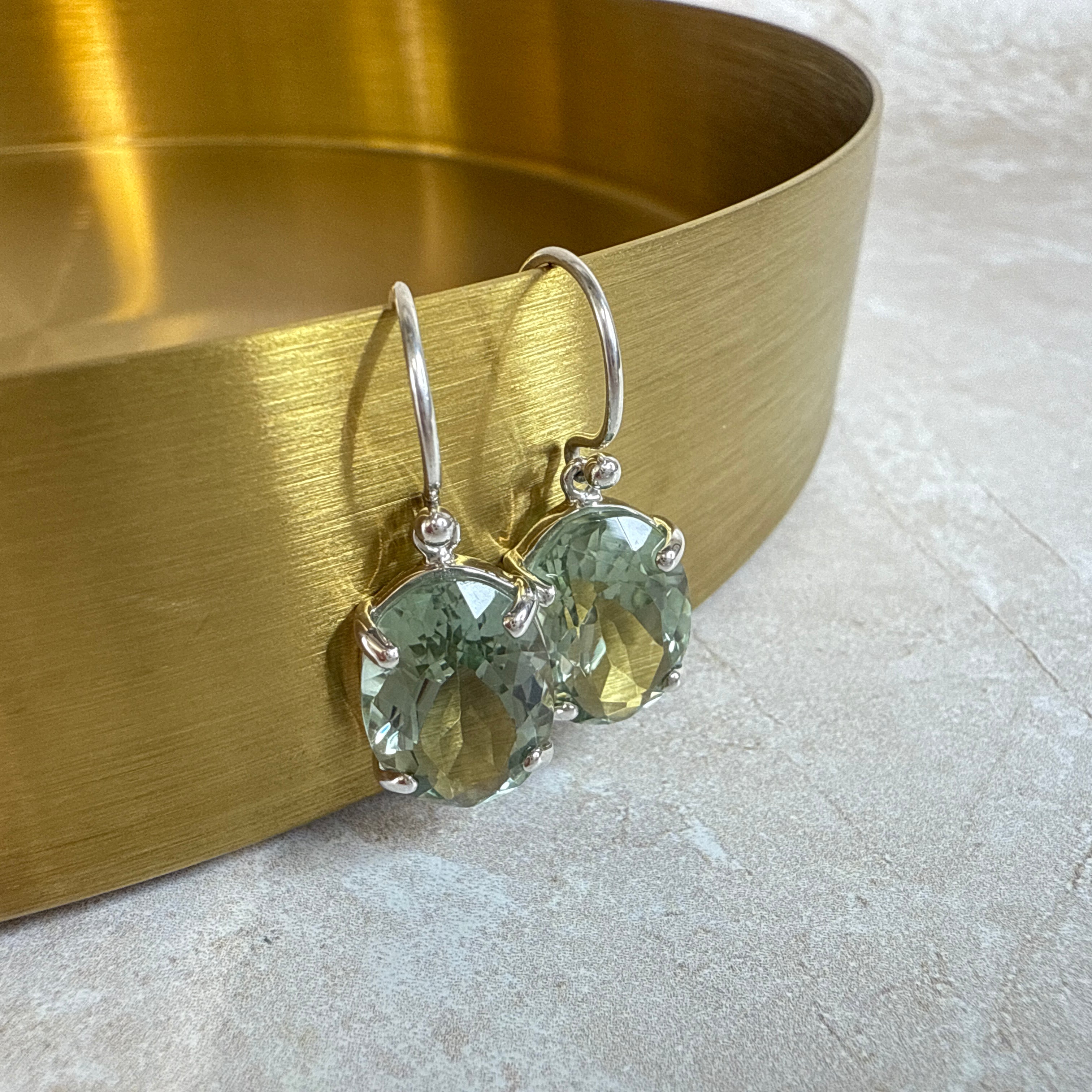 Sterling Silver Oval Green Amethyst Drop Earrings