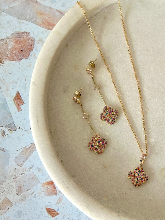 9ct Yellow Gold Multi-Colour Sapphire Clover Drop Earrings