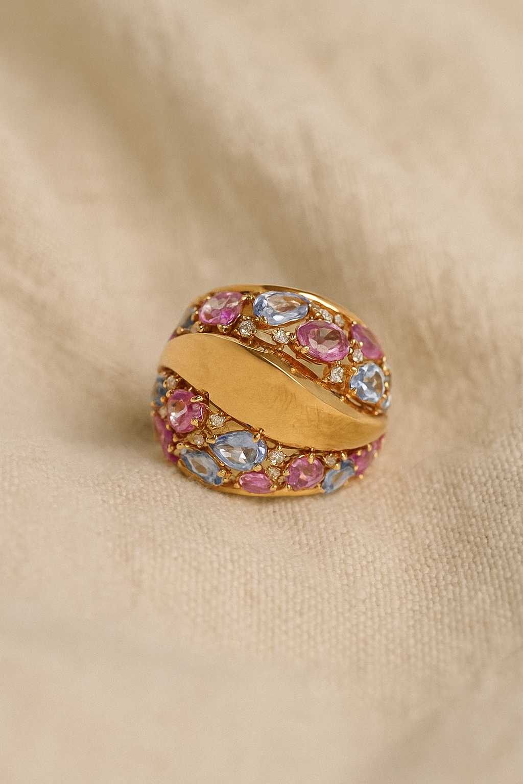 18ct Rose Gold Domed Multi Coloured Sapphire and Diamond Ring