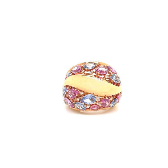18ct Rose Gold Domed Multi Coloured Sapphire and Diamond Ring