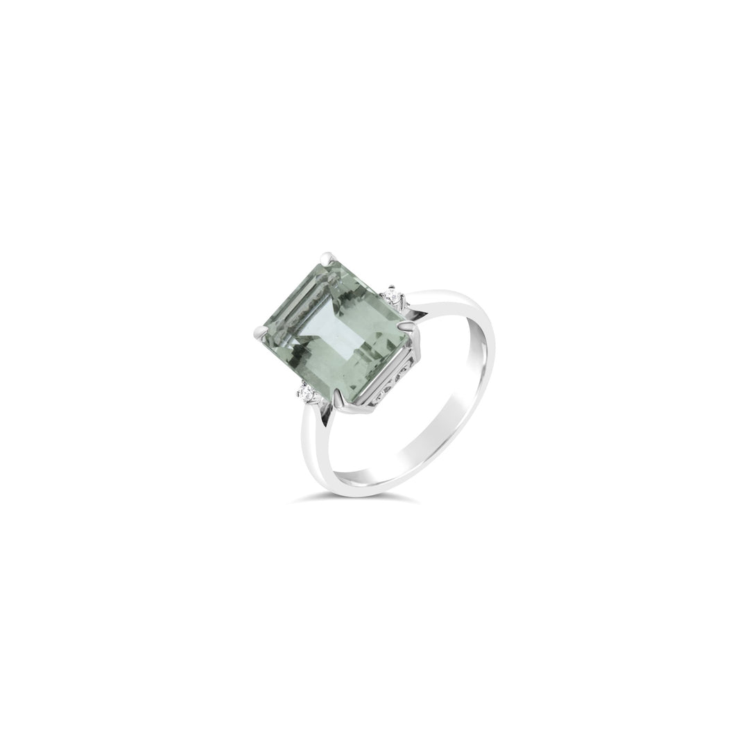 9ct White Gold Diamond and Green Amethyst Ring