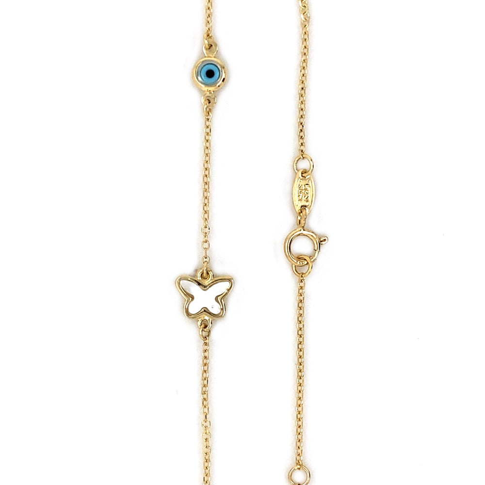 9ct Yellow Gold Butterfly and Evil Eye Bracelet