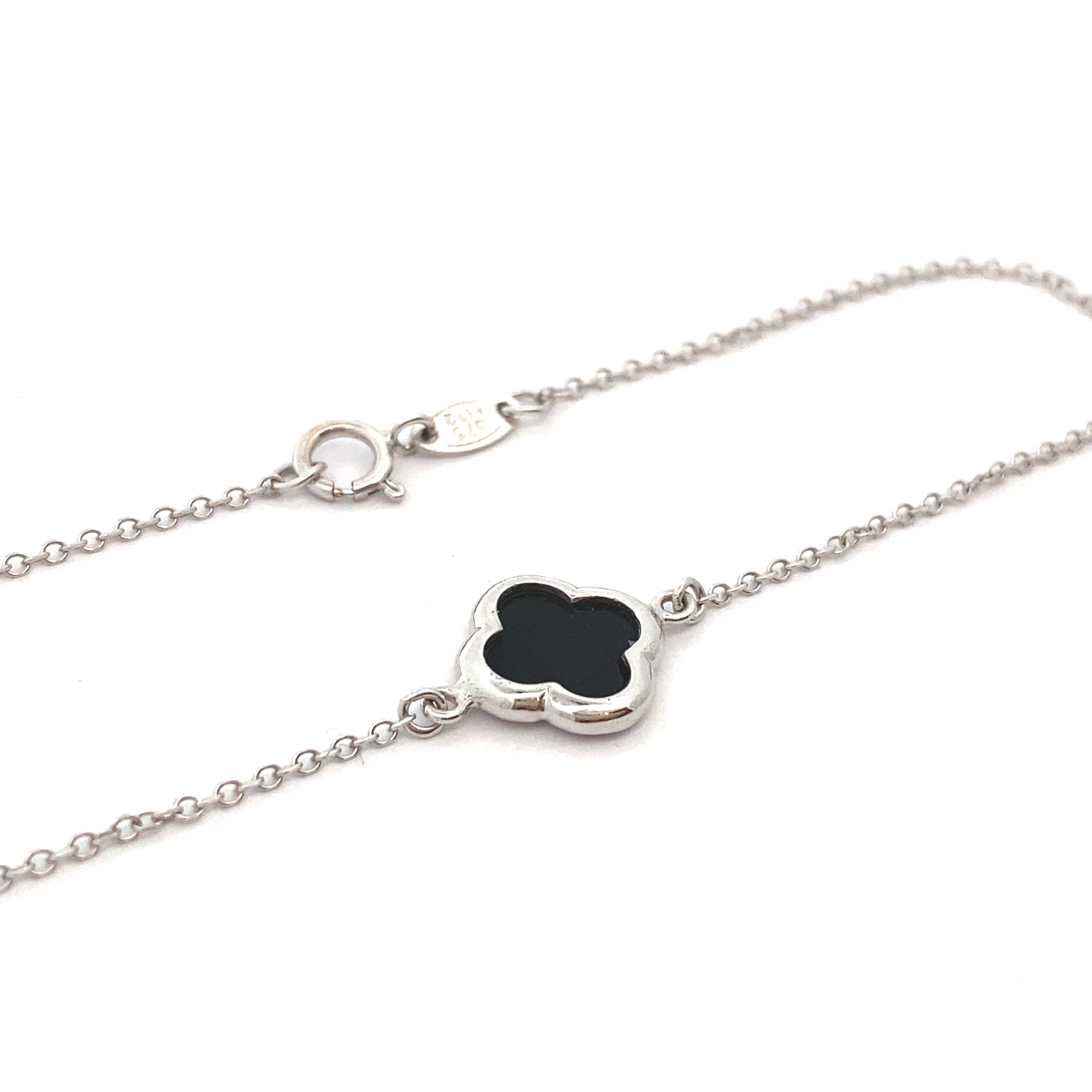 9ct White Gold Onyx 10mm Clover/Quatrefoil Bracelet (Small)