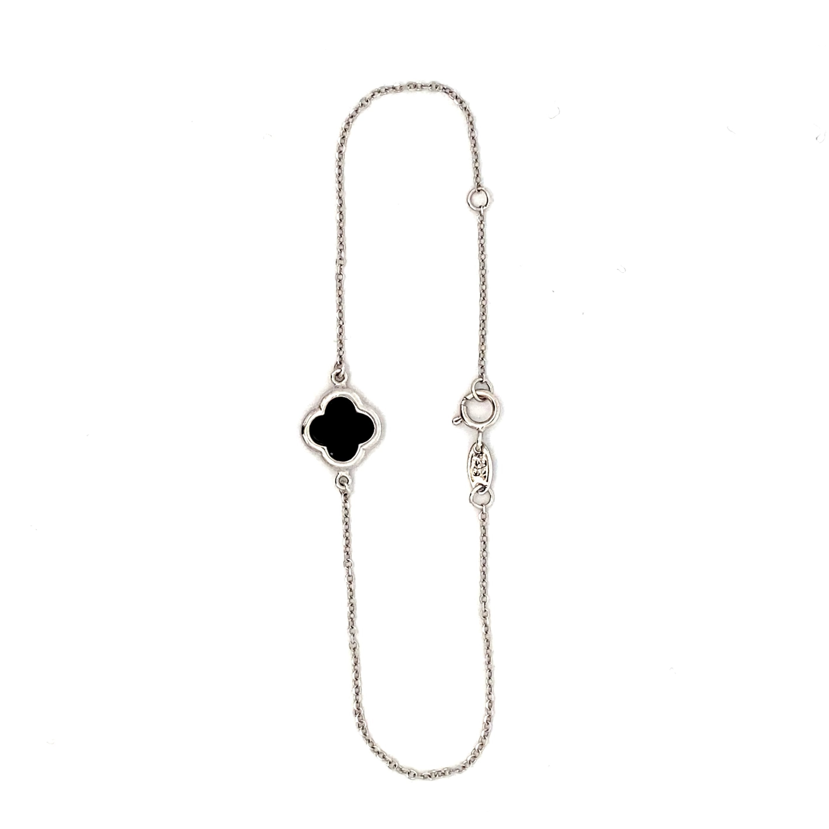 9ct White Gold Onyx 10mm Clover/Quatrefoil Bracelet (Small)