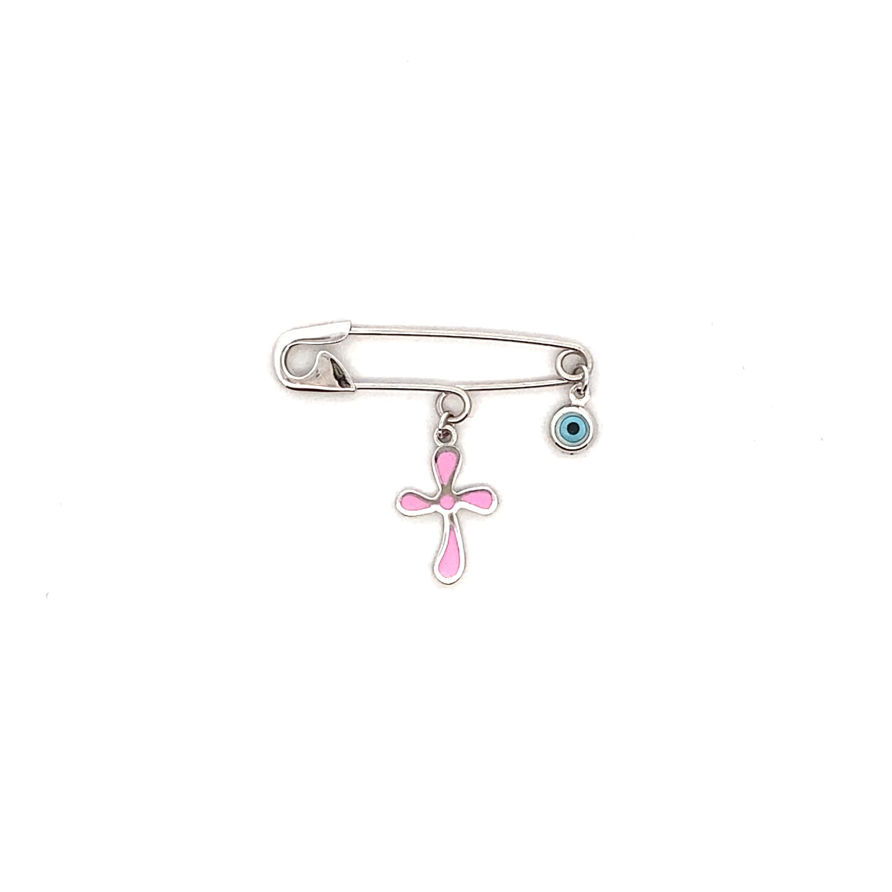 9ct Gold Baby Pin with Evil Eye & Blue or Pink Enamel Cross Charms