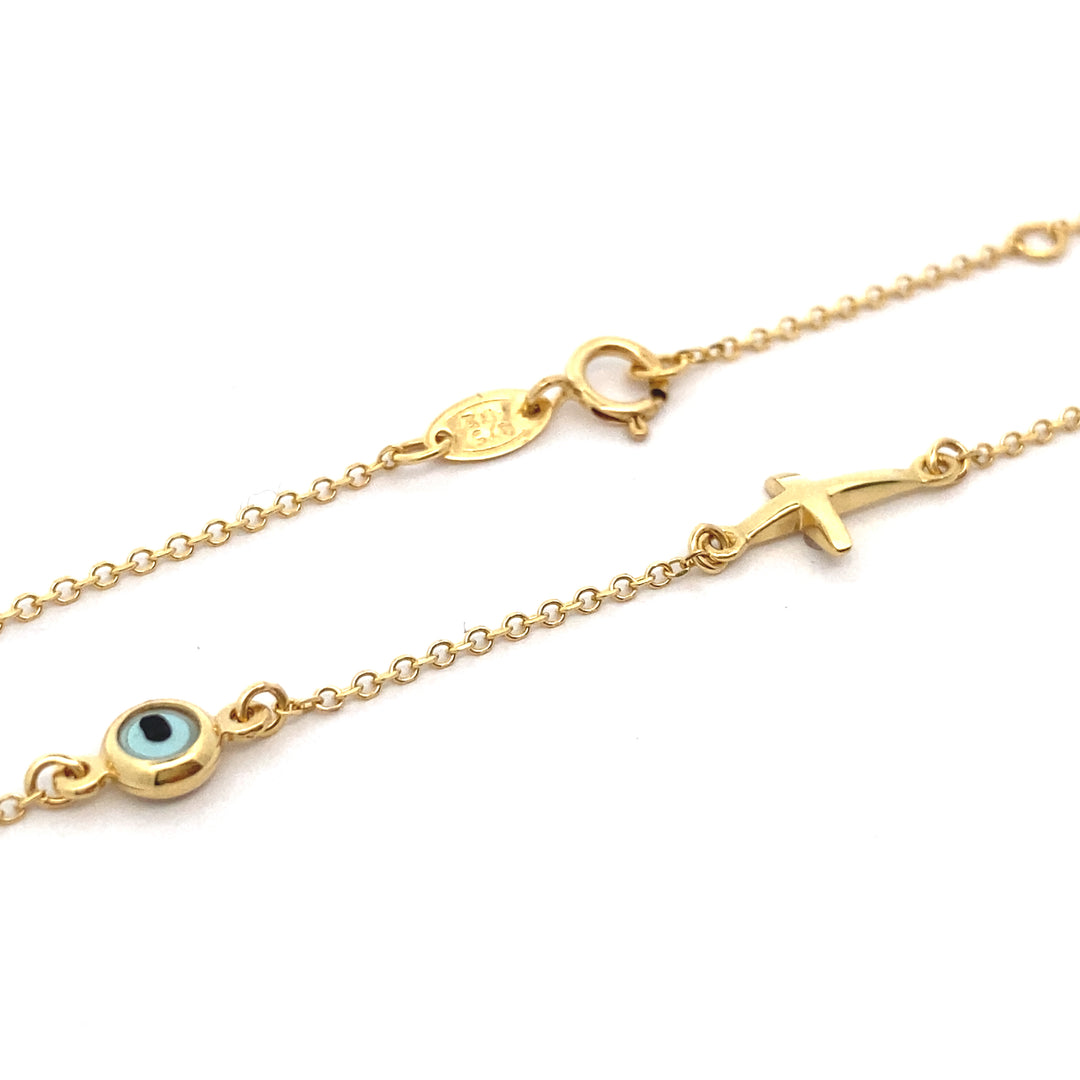 9ct Yellow Gold Cross and Evil Eye Bracelet