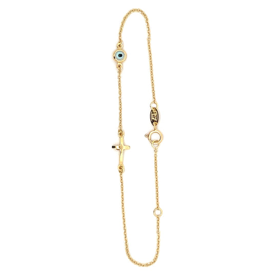 9ct Yellow Gold Cross and Evil Eye Bracelet