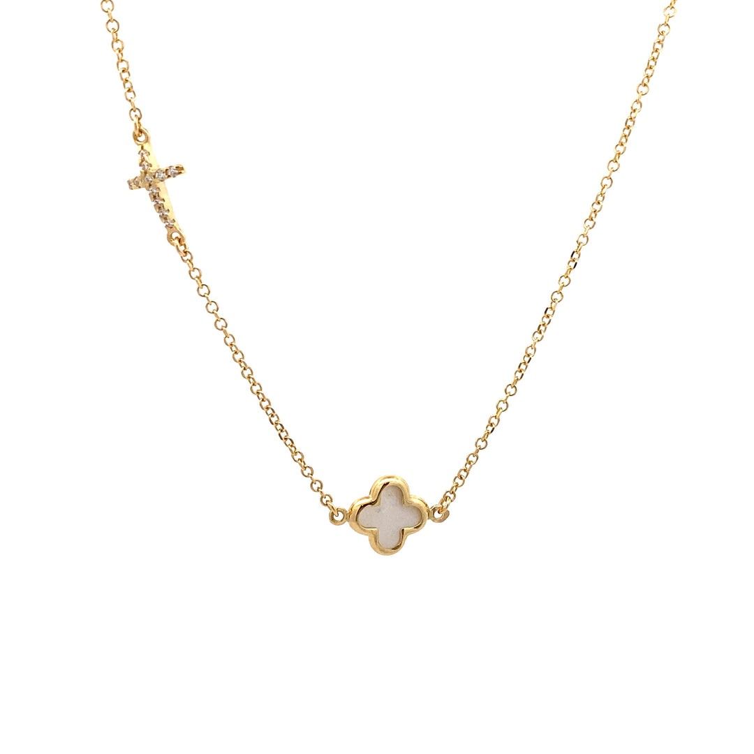 9ct Gold Clover and Cubic Zirconia Cross Necklace