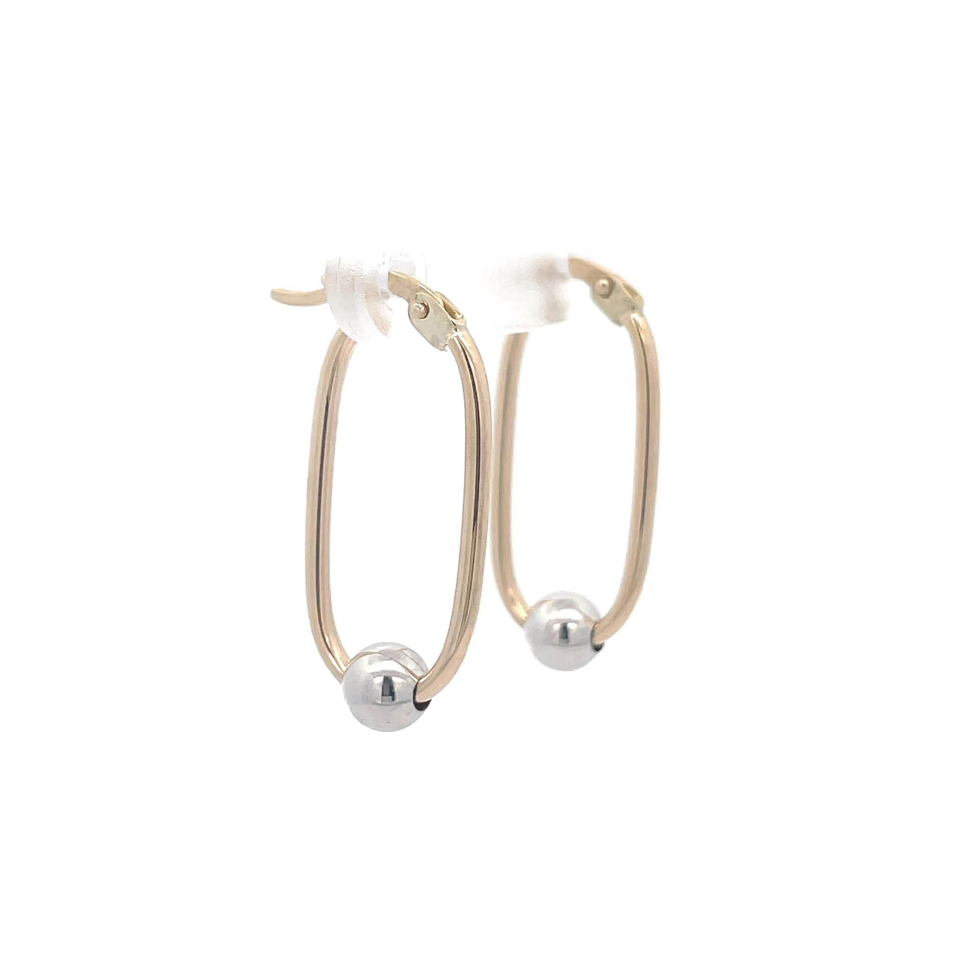 9ct Two-Tone Gold Oblong Hoop Earrings with Ball Accent