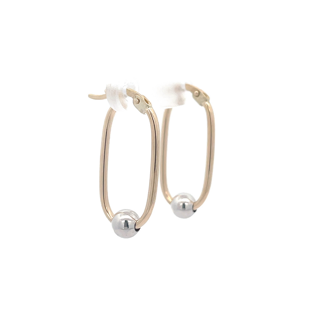 9ct Two-Tone Gold Oblong Hoop Earrings with Ball Accent