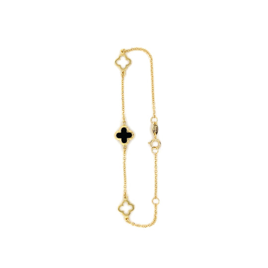 9ct Gold 3 Station Onyx Clover/Quatrefoil Bracelet