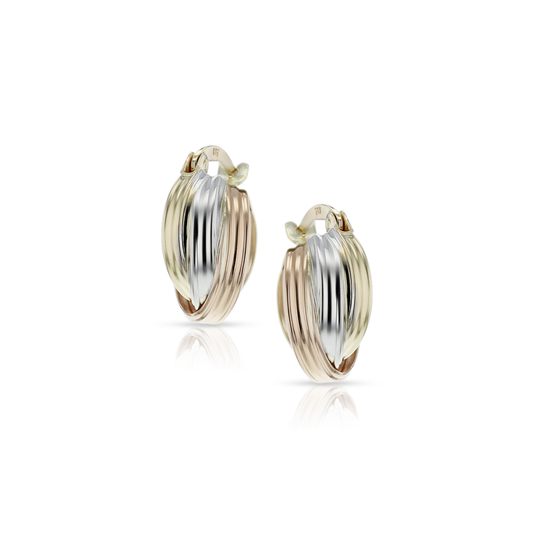 9ct Tri-Colour Gold Ribbed Huggie Earrings