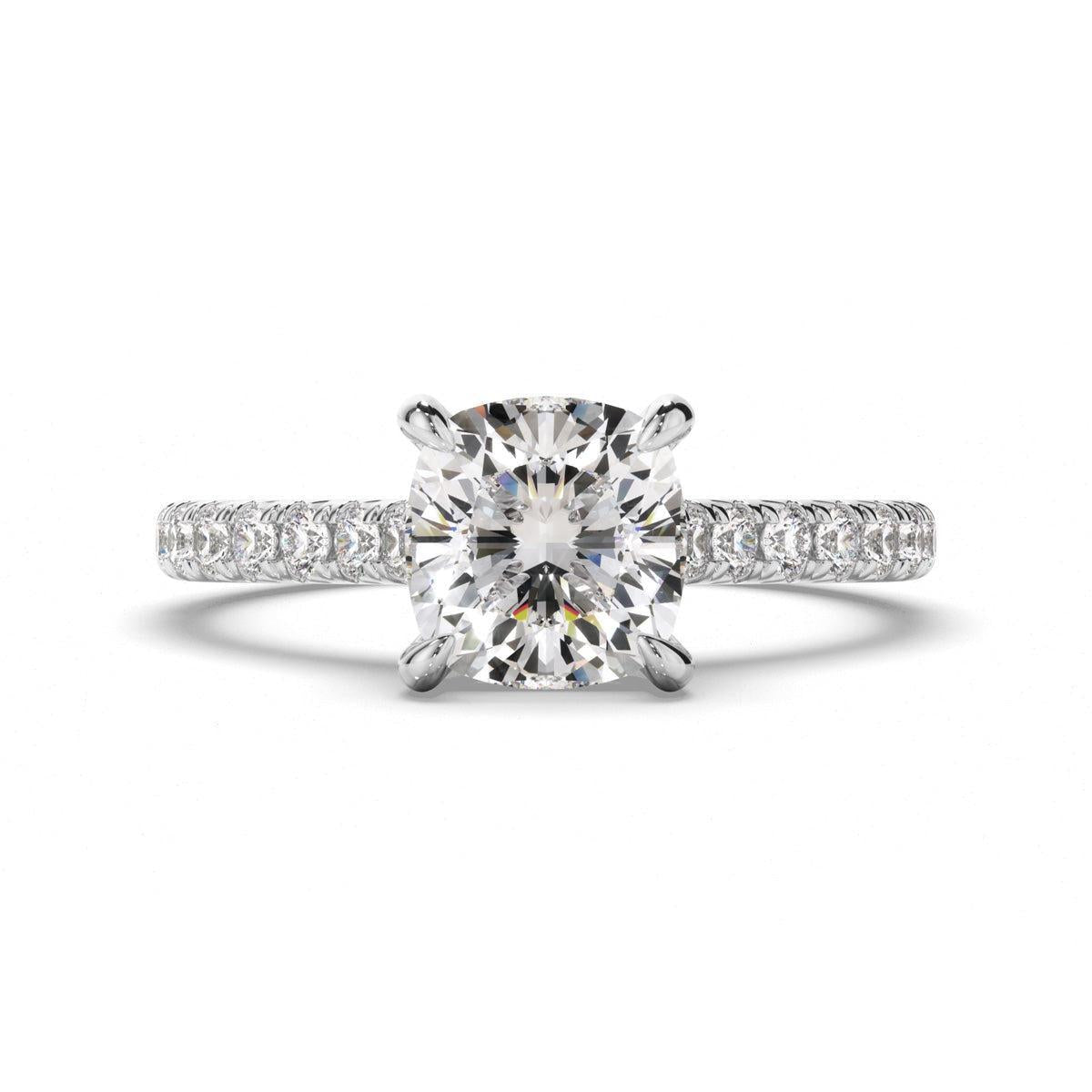 Cushion Cut Diamond Solitaire Engagement Ring With Diamond Sides