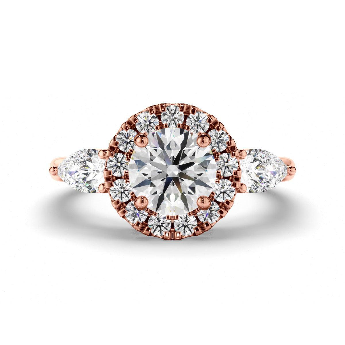 Round Brilliant Cut Diamond Halo Trilogy Engagement Ring with Pear Sides