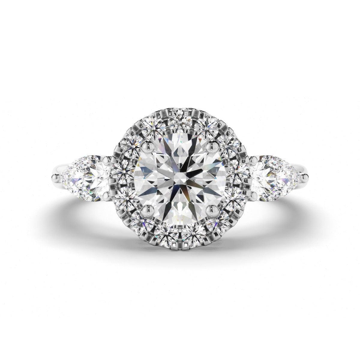 Round Brilliant Cut Diamond Halo Trilogy Engagement Ring with Pear Sides