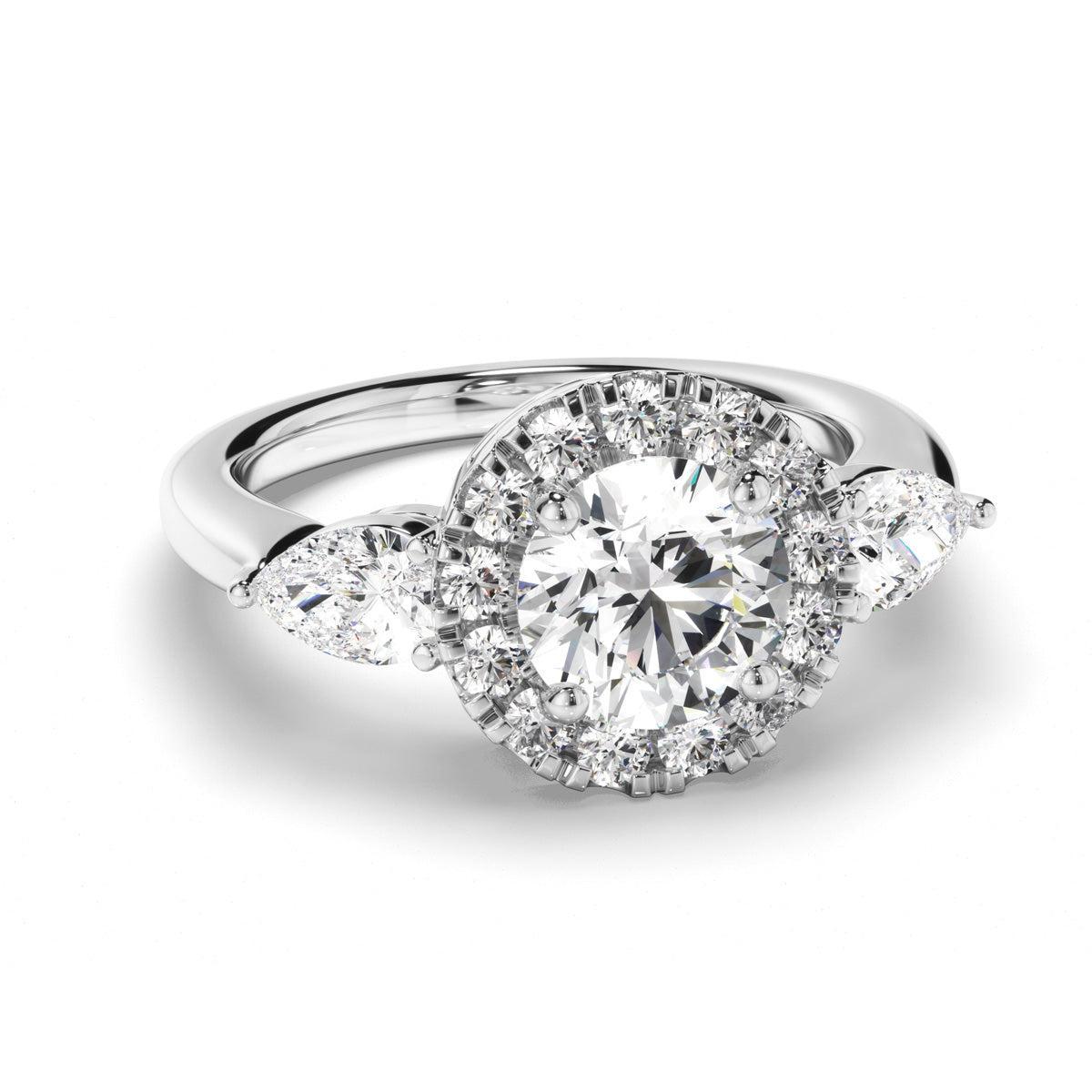 Round Brilliant Cut Diamond Halo Trilogy Engagement Ring with Pear Sides