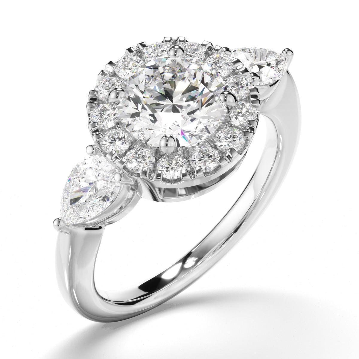 Round Brilliant Cut Diamond Halo Trilogy Engagement Ring with Pear Sides