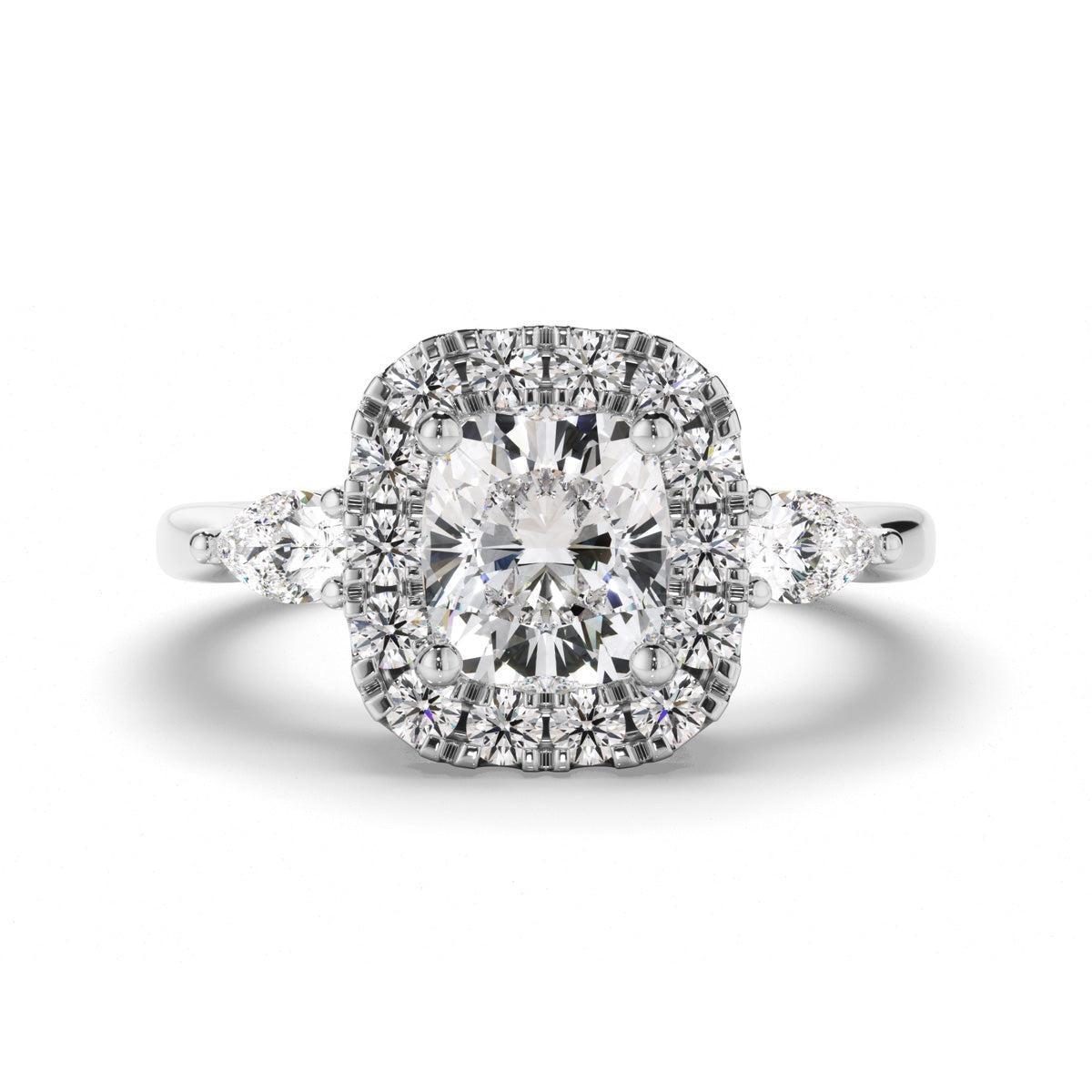 Cushion Cut Diamond Halo Trilogy Engagement Ring with Pear Sides