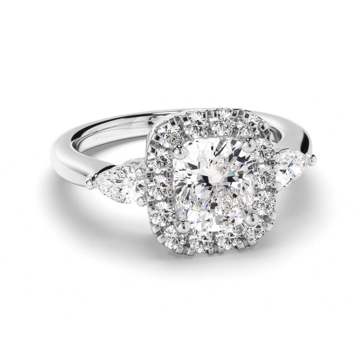 Cushion Cut Diamond Halo Trilogy Engagement Ring with Pear Sides