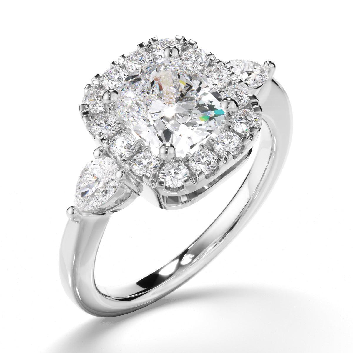Cushion Cut Diamond Halo Trilogy Engagement Ring with Pear Sides