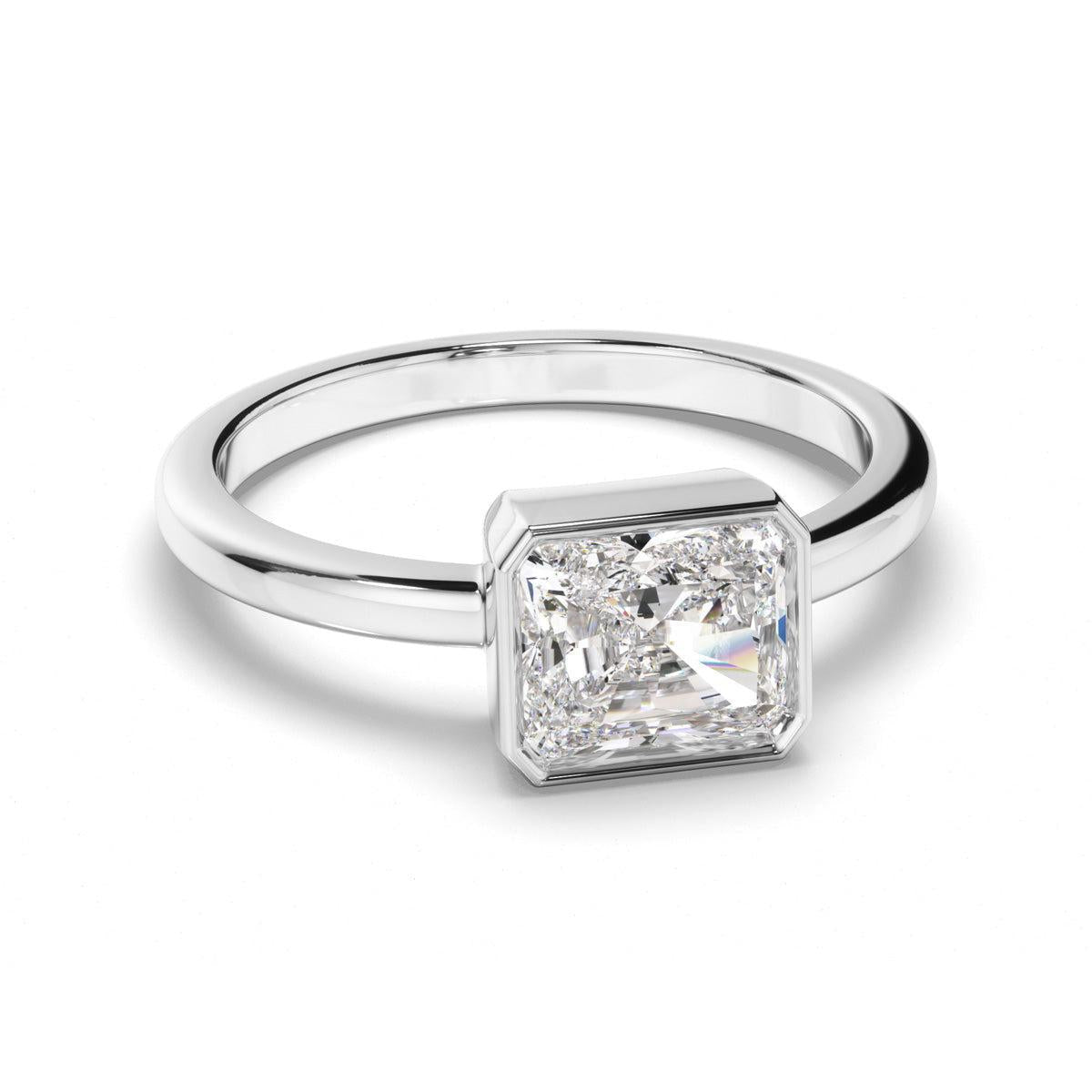 Radiant Cut Diamond Bezel East West Solitaire Engagement Ring