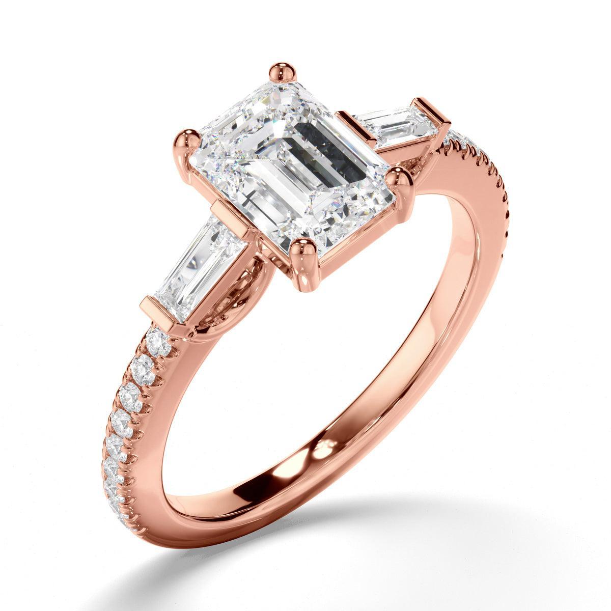Emerald Cut Diamond Engagement Ring with Baguette & Pave Sides