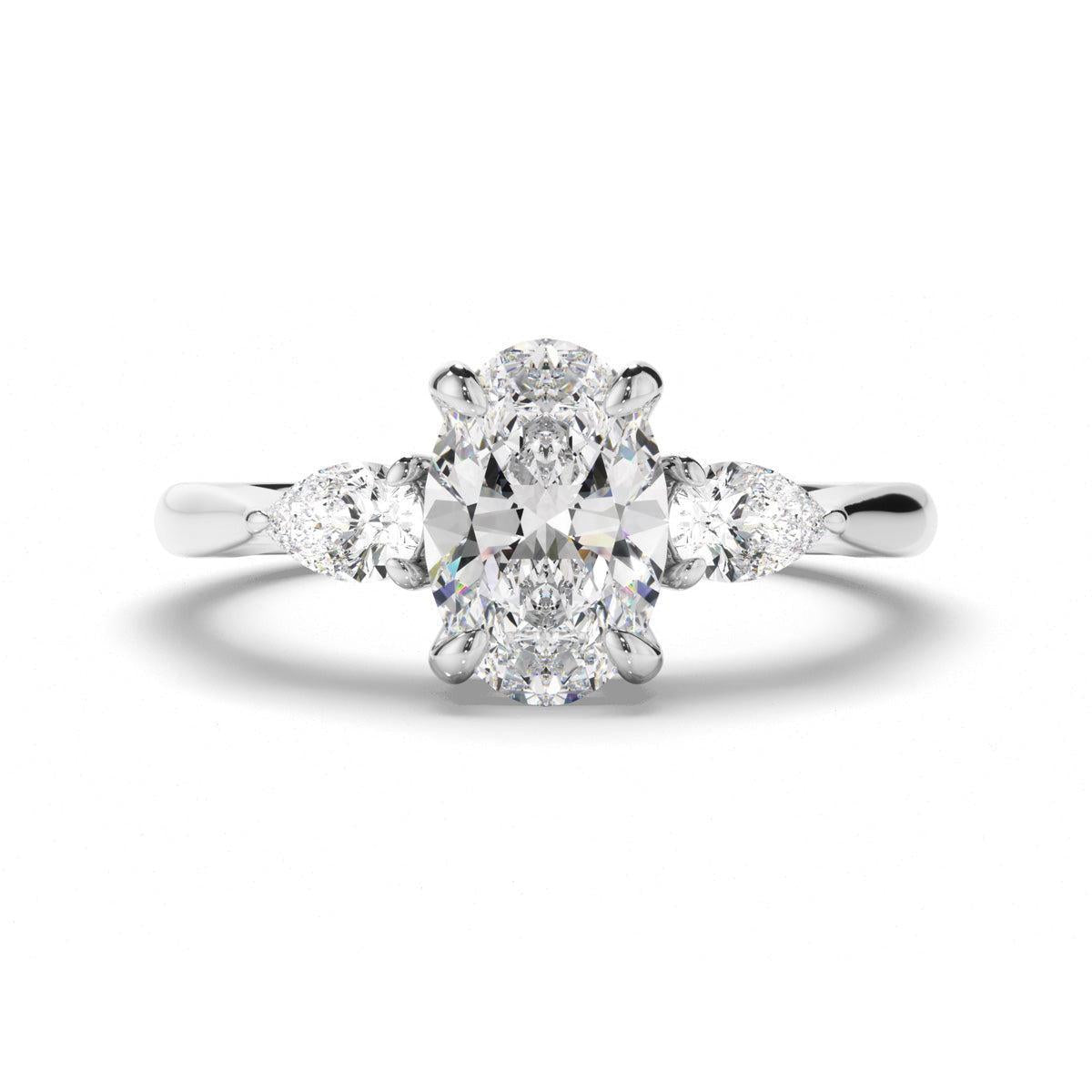 Oval Cut Diamond Trilogy Engagement Ring with Pear Sides