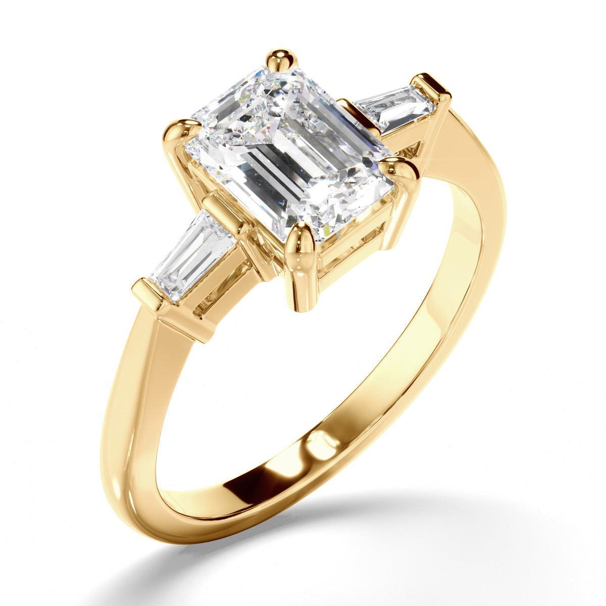 Emerald Cut Diamond Trilogy Engagement Ring with Baguette Sides