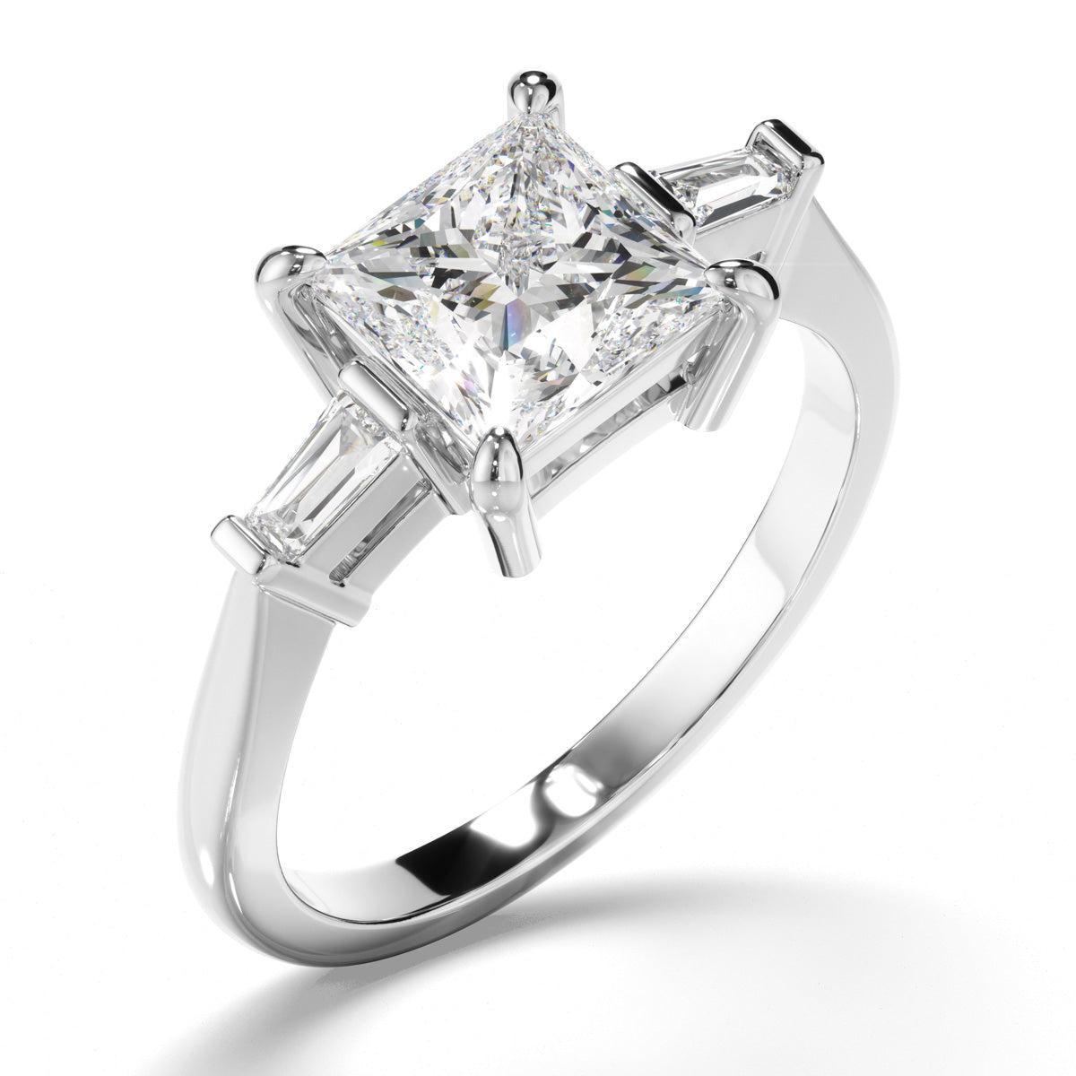 Princess Cut Diamond Trilogy Engagement Ring with Baguette Sides