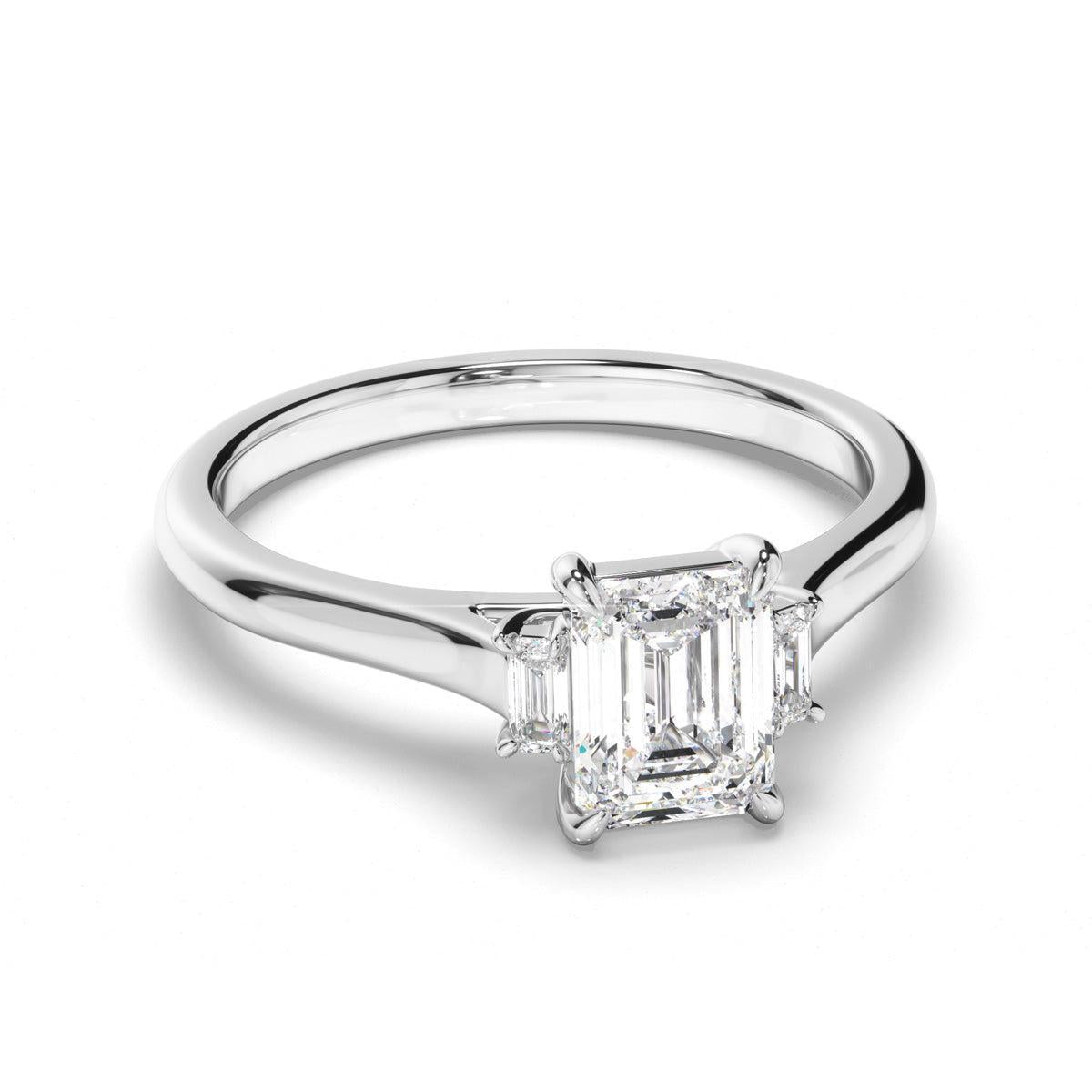 Emerald Cut Diamond Trilogy Engagement Ring with Baguette Sides
