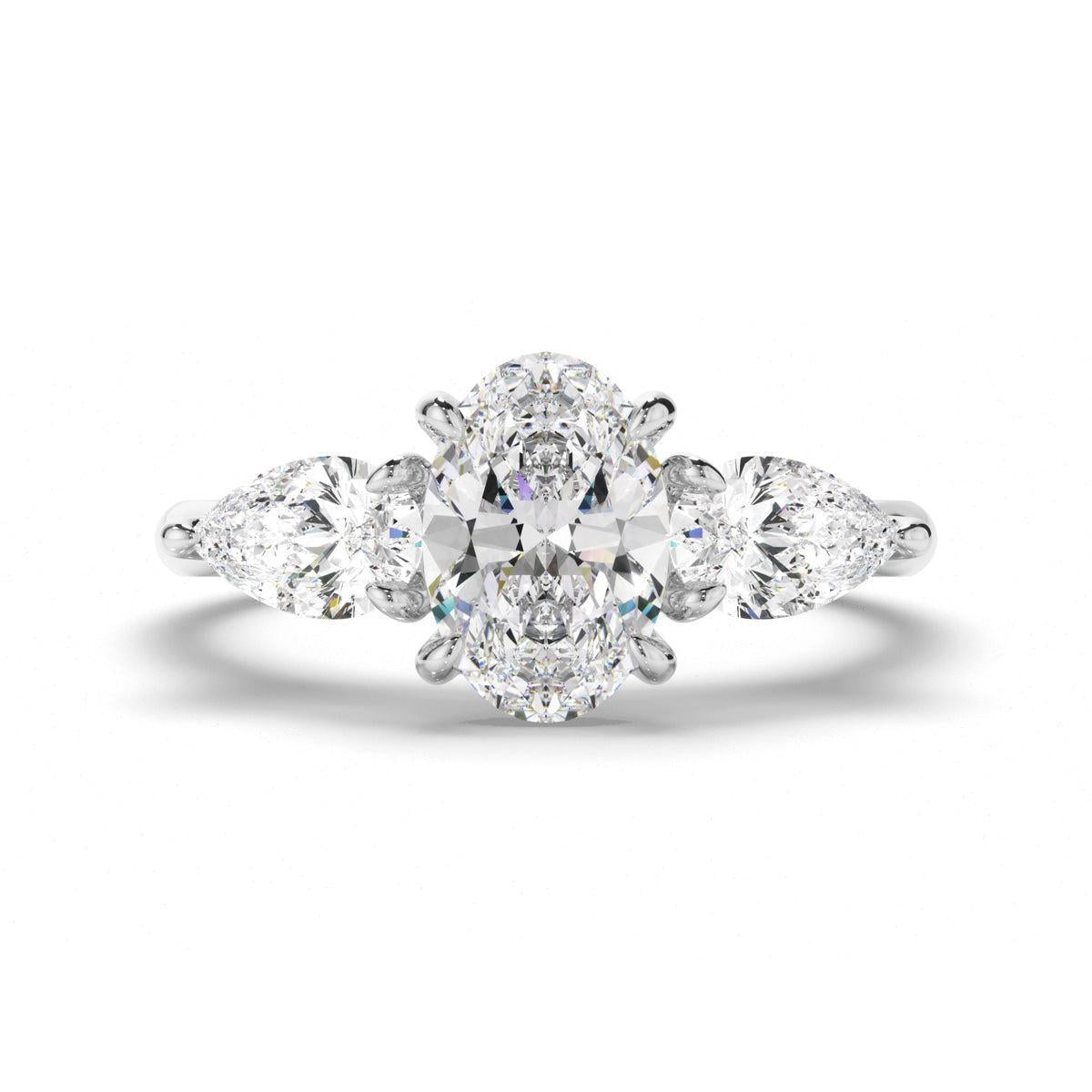 Oval Cut Diamond Trilogy Engagement Ring with Pear Sides