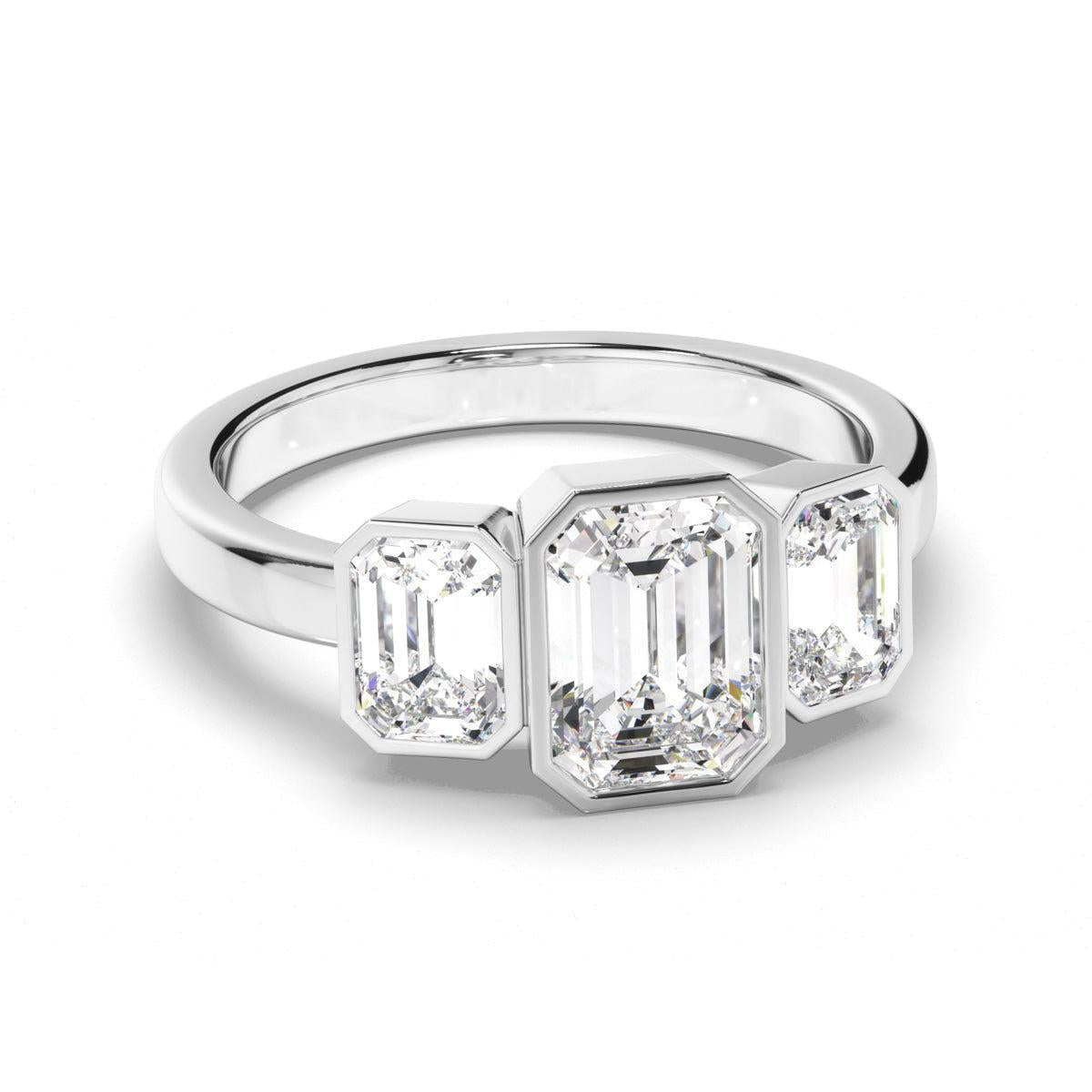 Emerald Cut Diamond Bezel Set Trilogy Engagement Ring