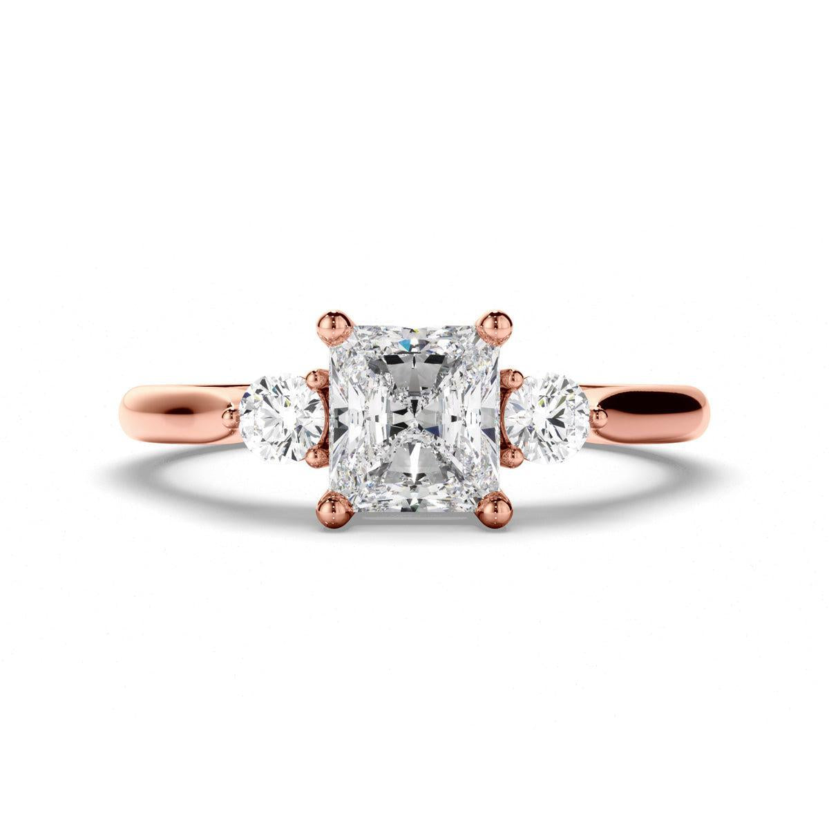 Radiant Cut Diamond Trilogy Engagement Ring with Round Brilliant Sides