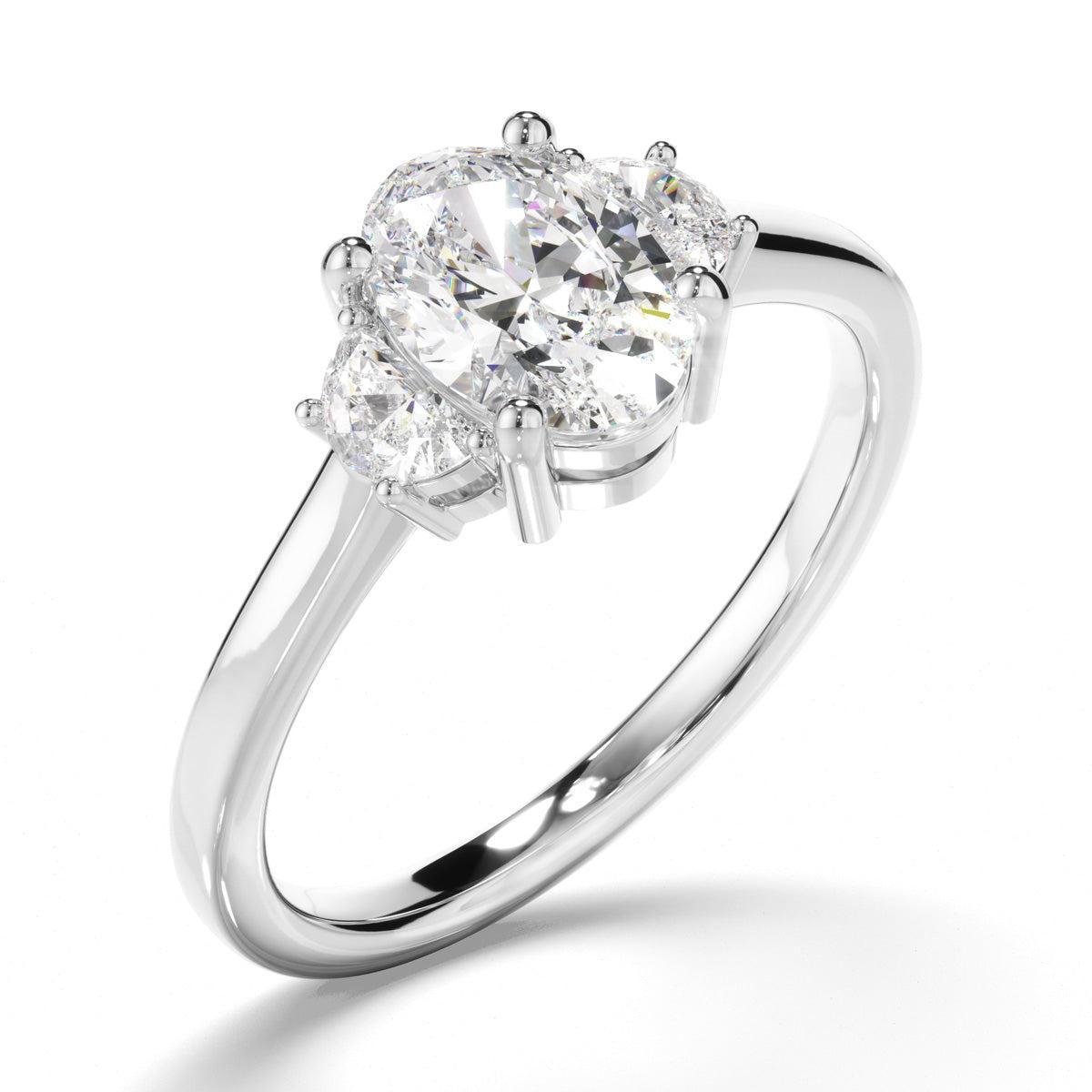 Oval Cut Diamond Trilogy Engagement Ring with Half Moon Sides