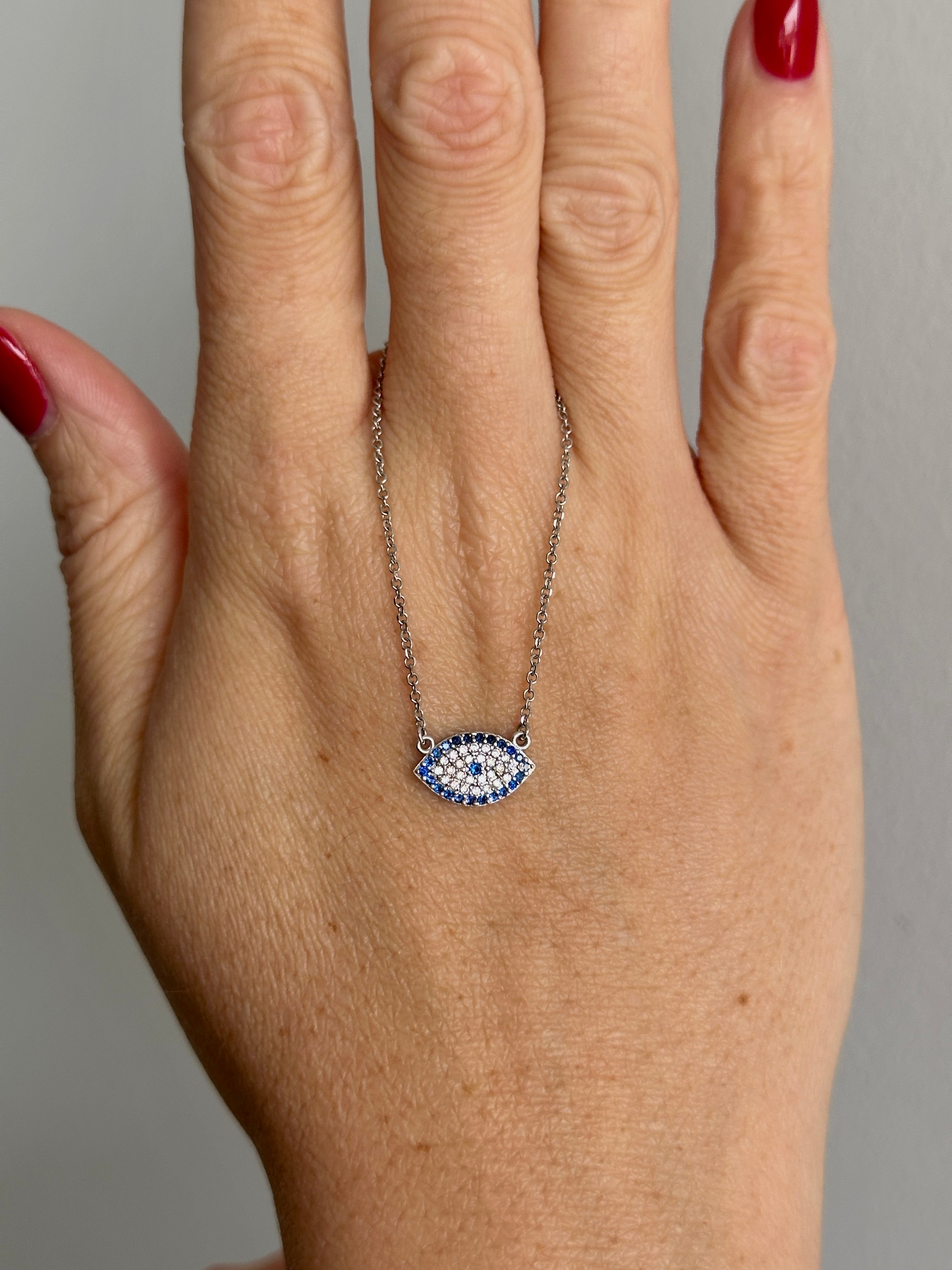 9ct White Gold Cubic Zirconia Mati / Evil Eye Necklace